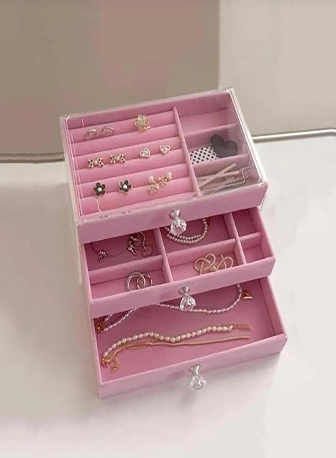 MEZON منظم مجوهرات أكريليك من ميزون بثلاثة أدراج | 10 أقسام و7 فتحات لأقراط الأذن | صندوق تخزين شفاف للأقراط والقلائد والخواتم والأساور للنساء (وردي) - Image 3