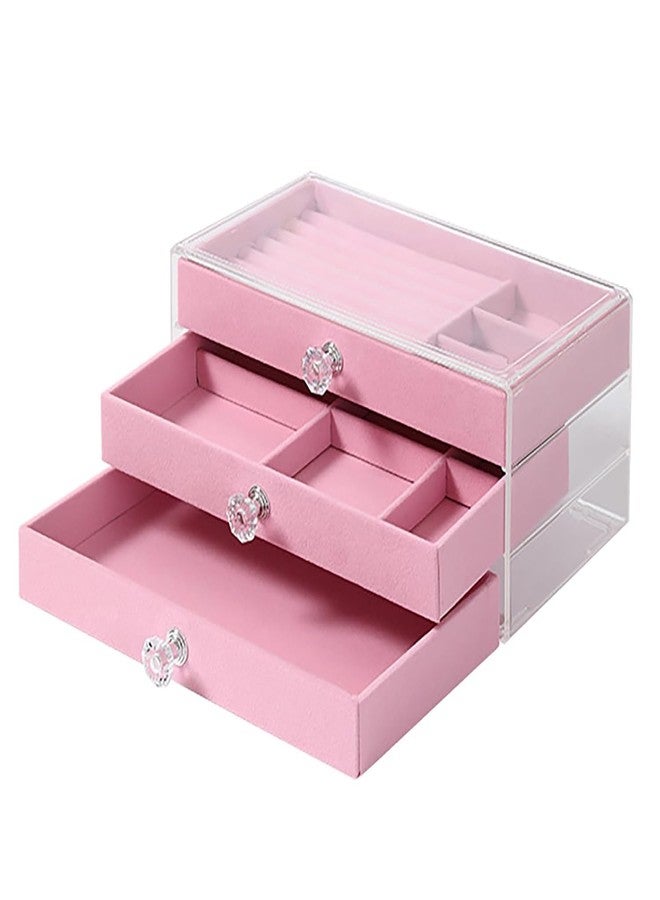 MEZON منظم مجوهرات أكريليك من ميزون بثلاثة أدراج | 10 أقسام و7 فتحات لأقراط الأذن | صندوق تخزين شفاف للأقراط والقلائد والخواتم والأساور للنساء (وردي) - Image 1