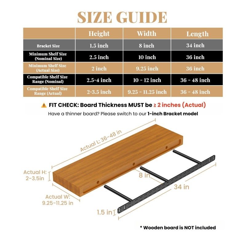 Craftersmark 2pcs Floating Shelf Hardware Heavy Duty Hidden Shelf Brackets Support,Wall Mounting Invisible Floating Shelves Bracket with Jig (34" x 8" x 1.5" with Tools) - Image 2