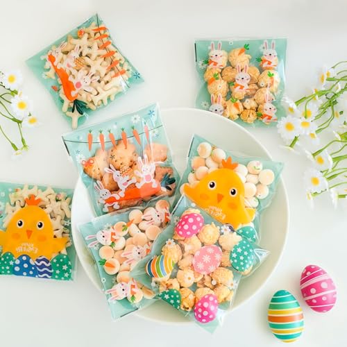 ZYLOP 100 Pcs Easter Cookie Bags - 4" x 4" Self-Sealing Easter Cellophane Treat Bags, 4 Adorable Designs Small Clear Plastic Candy Bags for Spring Party Favors, Mini Goodie Bags for Egg Fillers & Snacks - Image 4