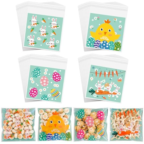 ZYLOP 100 Pcs Easter Cookie Bags - 4" x 4" Self-Sealing Easter Cellophane Treat Bags, 4 Adorable Designs Small Clear Plastic Candy Bags for Spring Party Favors, Mini Goodie Bags for Egg Fillers & Snacks - Image 1