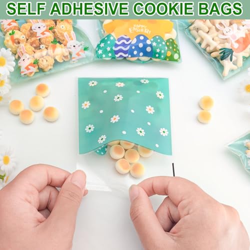 ZYLOP 100 Pcs Easter Cookie Bags - 4" x 4" Self-Sealing Easter Cellophane Treat Bags, 4 Adorable Designs Small Clear Plastic Candy Bags for Spring Party Favors, Mini Goodie Bags for Egg Fillers & Snacks - Image 3