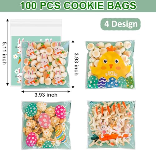 ZYLOP 100 Pcs Easter Cookie Bags - 4" x 4" Self-Sealing Easter Cellophane Treat Bags, 4 Adorable Designs Small Clear Plastic Candy Bags for Spring Party Favors, Mini Goodie Bags for Egg Fillers & Snacks - Image 2