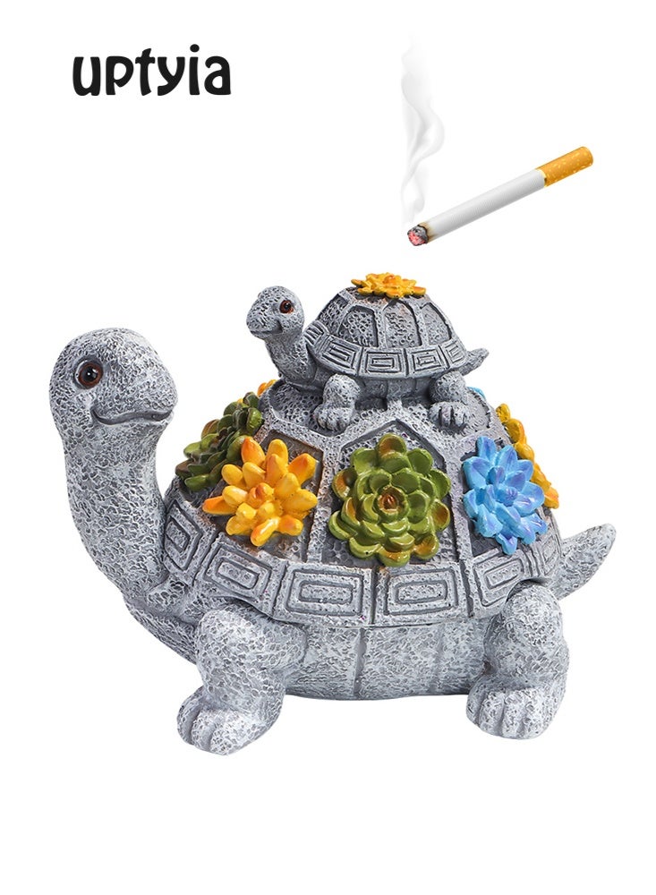 Uptyia Windproof Decorative Ashtray with Lid Cigarette Resin Ashtray Odorless Outdoor Indoor Use. Porch Patio Home Office Decroation. Gift for Smokers Animal Lovers Men Women (Succulent Turtle) - Image 1