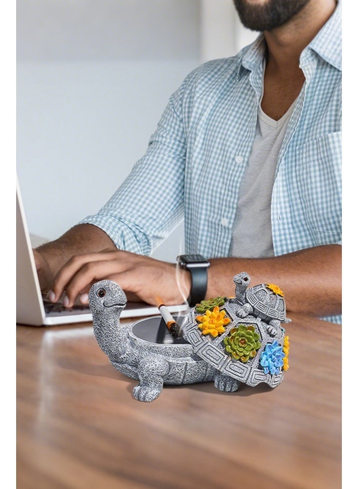 Uptyia Windproof Decorative Ashtray with Lid Cigarette Resin Ashtray Odorless Outdoor Indoor Use. Porch Patio Home Office Decroation. Gift for Smokers Animal Lovers Men Women (Succulent Turtle) - Image 3
