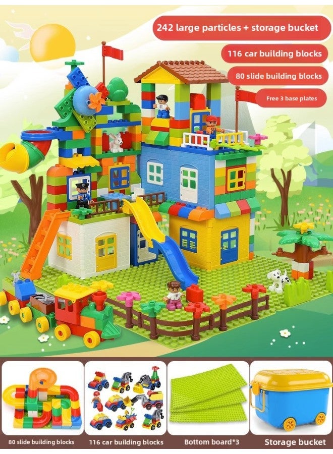Variety Of Large Particles Building Blocks Assembled Children's Toys Slide Puzzle Boys And Girls Castle Slide Gift Puzzle Wholesale-Color:1036B [Barrel] 242 Large Particle Building Blocks +80 Slide +116 Car Bag +3 Bottom Plate  - Image 1