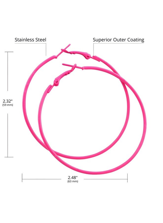 IDB Productions Idb Classic Stainless Steel Big Hoop Earrings 2.32" X 2.48" X 0.07" (59X63X2Mm) Multiple Colors To Choose From (Hot Pink)  - Image 2