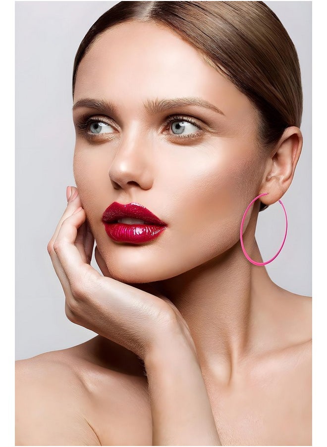 IDB Productions Idb Classic Stainless Steel Big Hoop Earrings 2.32" X 2.48" X 0.07" (59X63X2Mm) Multiple Colors To Choose From (Hot Pink)  - Image 3
