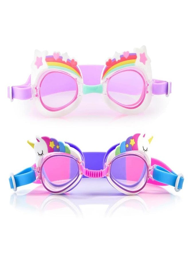 Aqua2ude Girl's Swimming Goggles Bundle - Two Pairs of Fun Swimming Goggles - Rainbow Unicorn Themed - No Leak Goggle Set for Kids - No Fog - UV Protection - Image 1