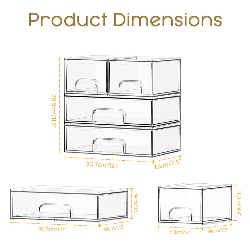 Criusia Stackable Storage Drawers, 4 Pack Clear Plastic Makeup & Bathroom Organizer, Versatile Storage Bins for Vanity, Under Sink, Kitchen Cabinets & Pantry - Image 2