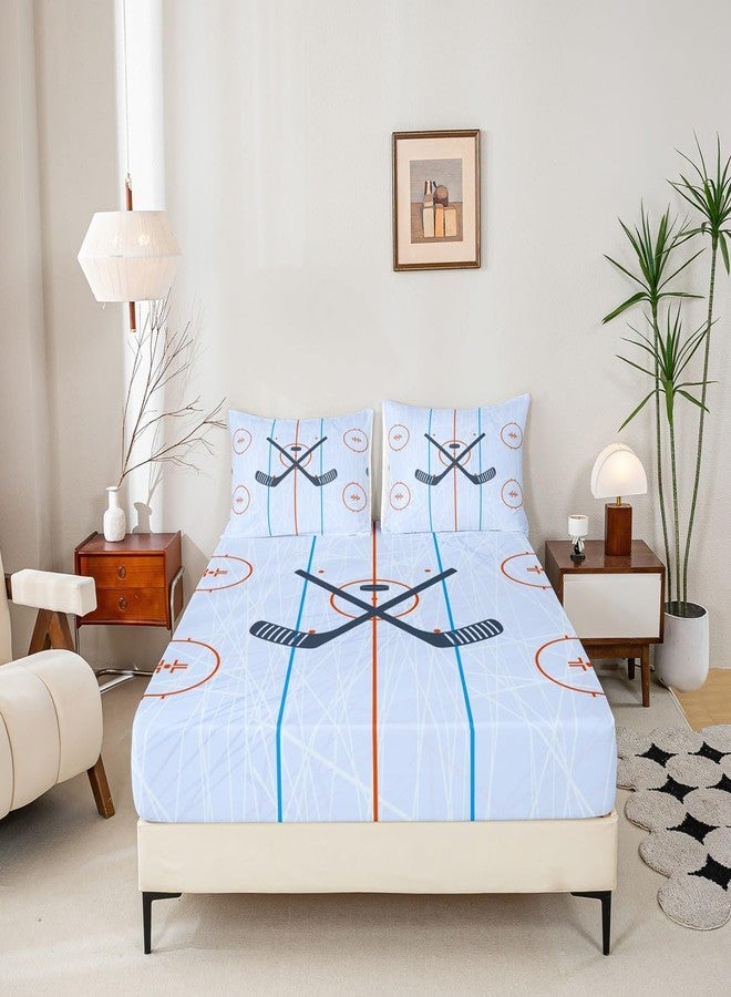 Homewish Ice Hockey Kids Fitted Sheet Twin Size,Hockey Stadium Rink Bedding Set,Boys Girls Adults Bedroom Decor,Winter Event Ball Games Lovers Bed Cover,Modern Stylish Bed Sheet,2pcs,1 Pillowcase - Image 4