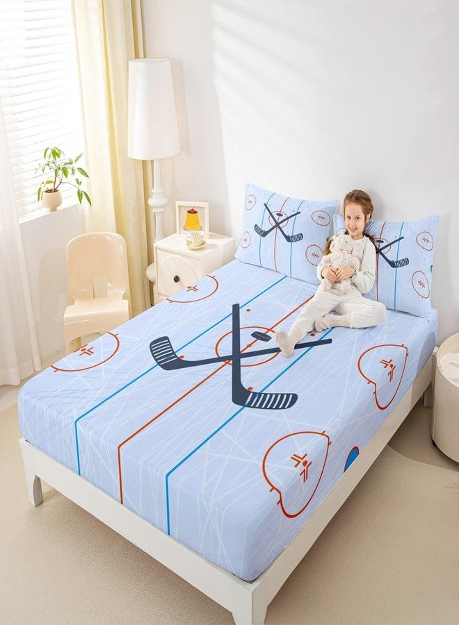 Homewish Ice Hockey Kids Fitted Sheet Twin Size,Hockey Stadium Rink Bedding Set,Boys Girls Adults Bedroom Decor,Winter Event Ball Games Lovers Bed Cover,Modern Stylish Bed Sheet,2pcs,1 Pillowcase - Image 3