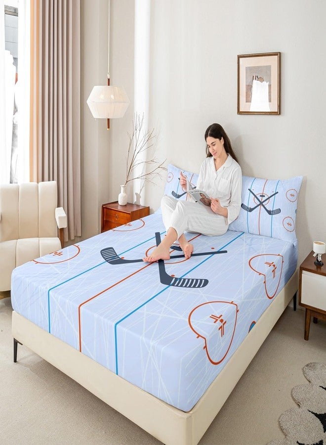 Homewish Ice Hockey Kids Fitted Sheet Twin Size,Hockey Stadium Rink Bedding Set,Boys Girls Adults Bedroom Decor,Winter Event Ball Games Lovers Bed Cover,Modern Stylish Bed Sheet,2pcs,1 Pillowcase - Image 2