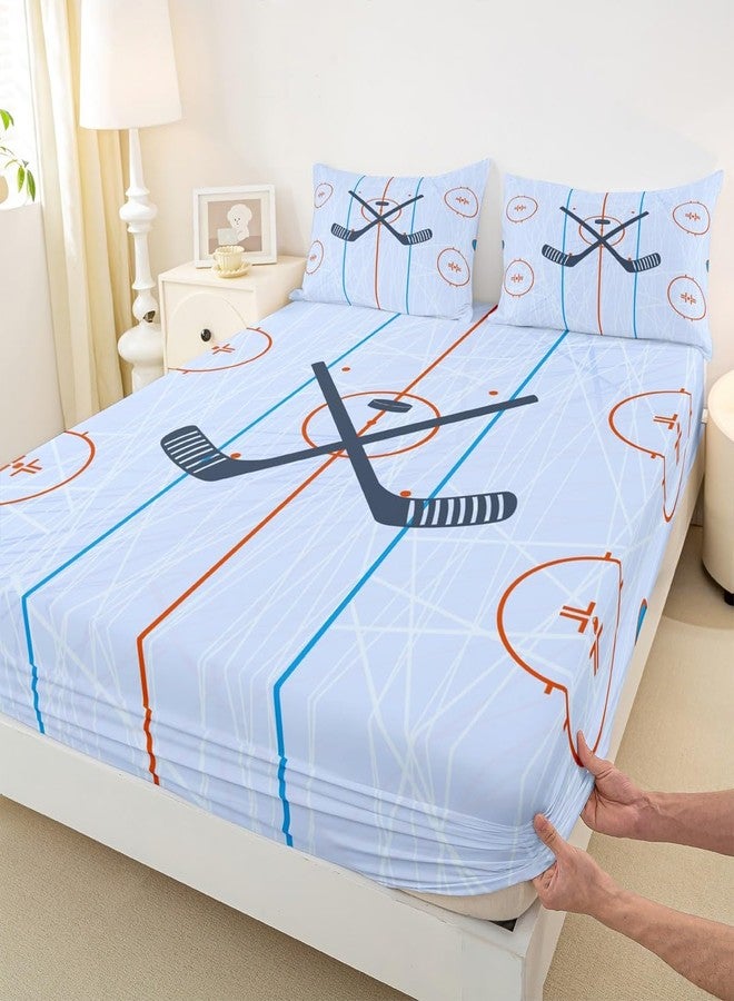 Homewish Ice Hockey Kids Fitted Sheet Twin Size,Hockey Stadium Rink Bedding Set,Boys Girls Adults Bedroom Decor,Winter Event Ball Games Lovers Bed Cover,Modern Stylish Bed Sheet,2pcs,1 Pillowcase - Image 1