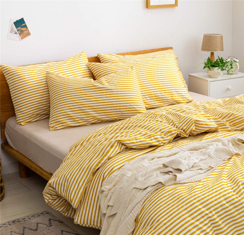 JELLYMONI 100% Natural Cotton 3pcs Striped Duvet Cover Sets,White Duvet Cover with Yellow Stripes Pattern Printed Comforter Cover,with Zipper Closure & Corner Ties(King Size) - Image 3