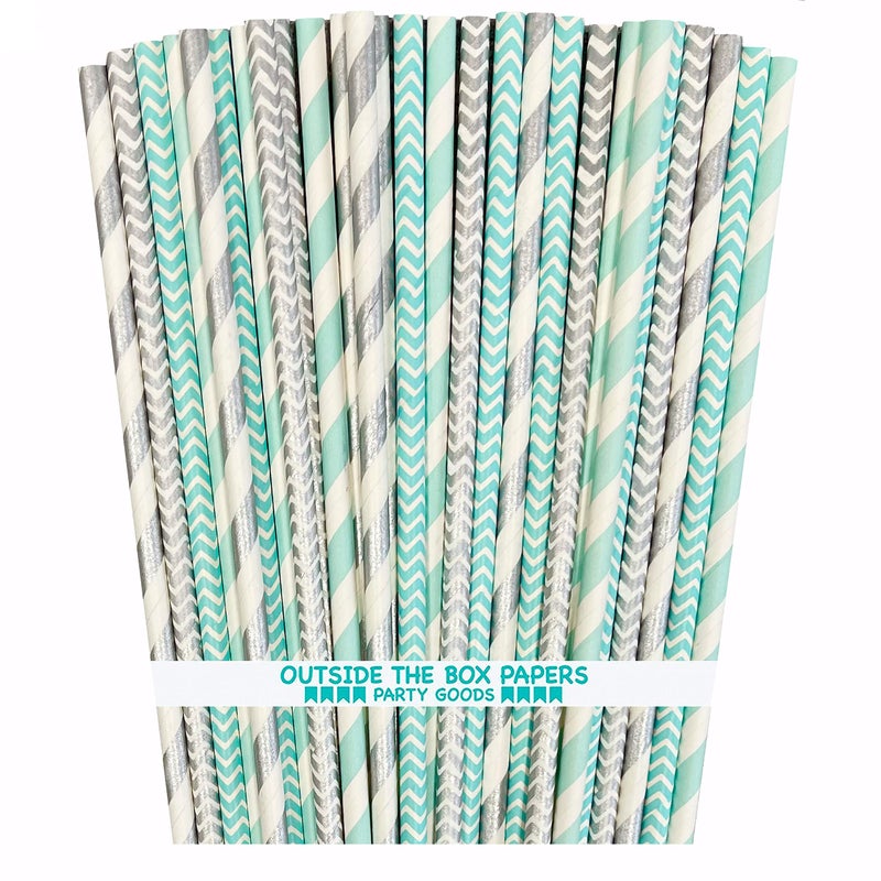 Outside the Box Papers Light Blue and Silver Stripe and Chevron Paper Straws 7.75 Inches 100 Pack Light Blue  Silver  White - Image 1