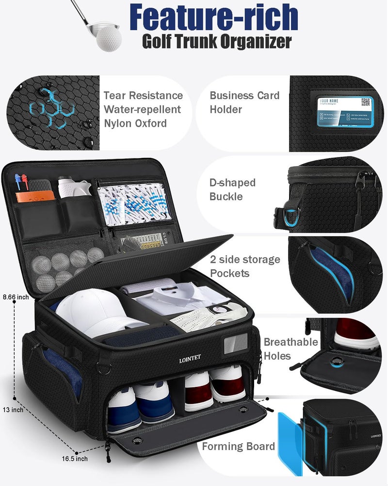 LOINTET Golf Trunk Organizer, Waterproof Car Golf Locker with Separate Ventilated Compartment for 2 Pair Shoes, Golf Storage for Balls, Tees, Cap, Clothes, Gloves, Accessories, Gifts for Men, Women - Image 3