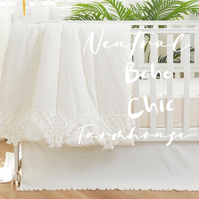 Brandream Boho Bohemian Girl Boy Baby Nursery Crib Bed Skirt Dust Ruffle - Neutral Solid Color Cream Off White Farmhouse Chic 100% Washed Cotton Minimalist Tassel Fringe Macrame - Image 2