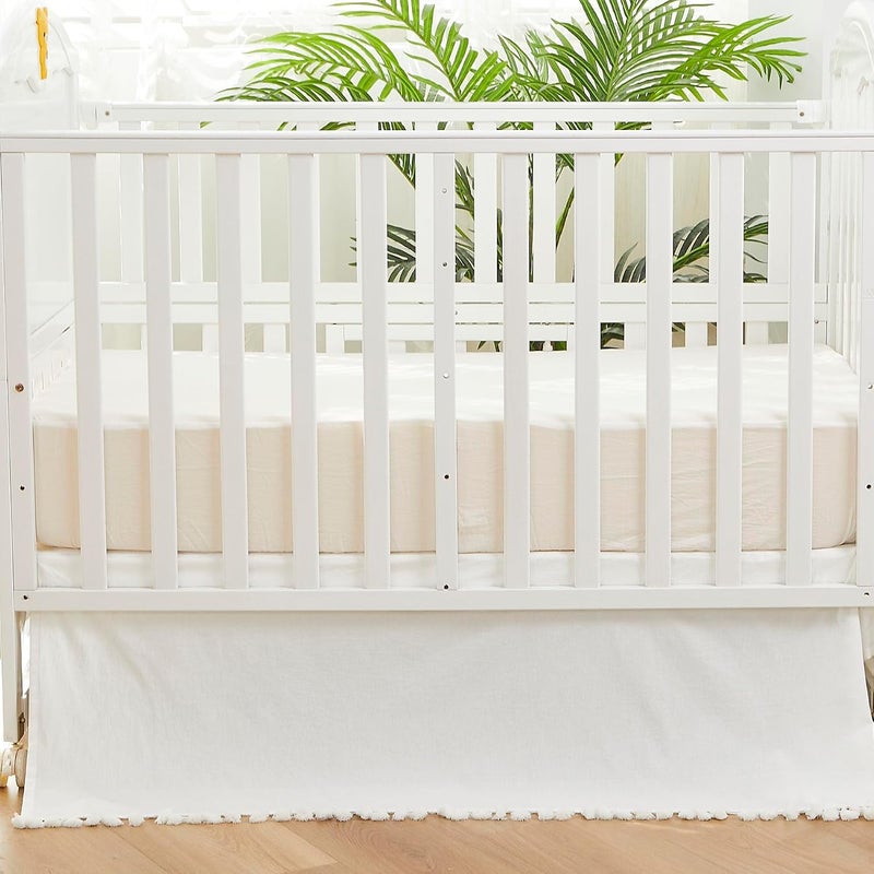 Brandream Boho Bohemian Girl Boy Baby Nursery Crib Bed Skirt Dust Ruffle - Neutral Solid Color Cream Off White Farmhouse Chic 100% Washed Cotton Minimalist Tassel Fringe Macrame - Image 3