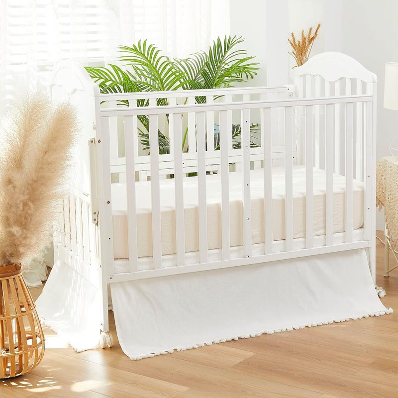 Brandream Boho Bohemian Girl Boy Baby Nursery Crib Bed Skirt Dust Ruffle - Neutral Solid Color Cream Off White Farmhouse Chic 100% Washed Cotton Minimalist Tassel Fringe Macrame - Image 5