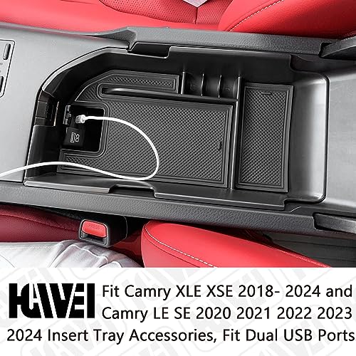 HGWEI Center Console Organizer Compatible with Toyota Camry XLE XSE 2018-2023 2024 and Camry LE SE 2020 2021 2022 2023 2024, Armrest Insert Tray Accessories Storage Box, Fit 2 USB Ports, Black Trim - Image 2