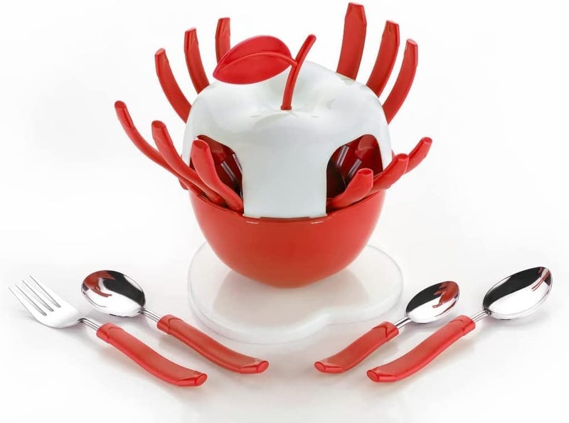UNLOCK Unlock Apple Shape Cutlery Set for Dining Table Stainless Steel 16 PieceContains 4 Tea Spoon 4 Dessert Spoon 4 Dessert Fork 4 Soup Spoon 1 Stand ColourRed