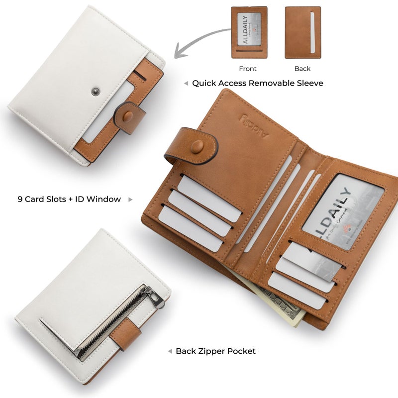 Alldaily Small RFID Blocking Leather Wallet for Women, Bifold with 10 Card Slots and Zipper Pocket (White&Brown) - Image 2