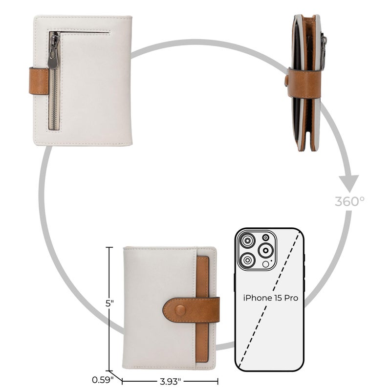 Alldaily Small RFID Blocking Leather Wallet for Women, Bifold with 10 Card Slots and Zipper Pocket (White&Brown) - Image 4
