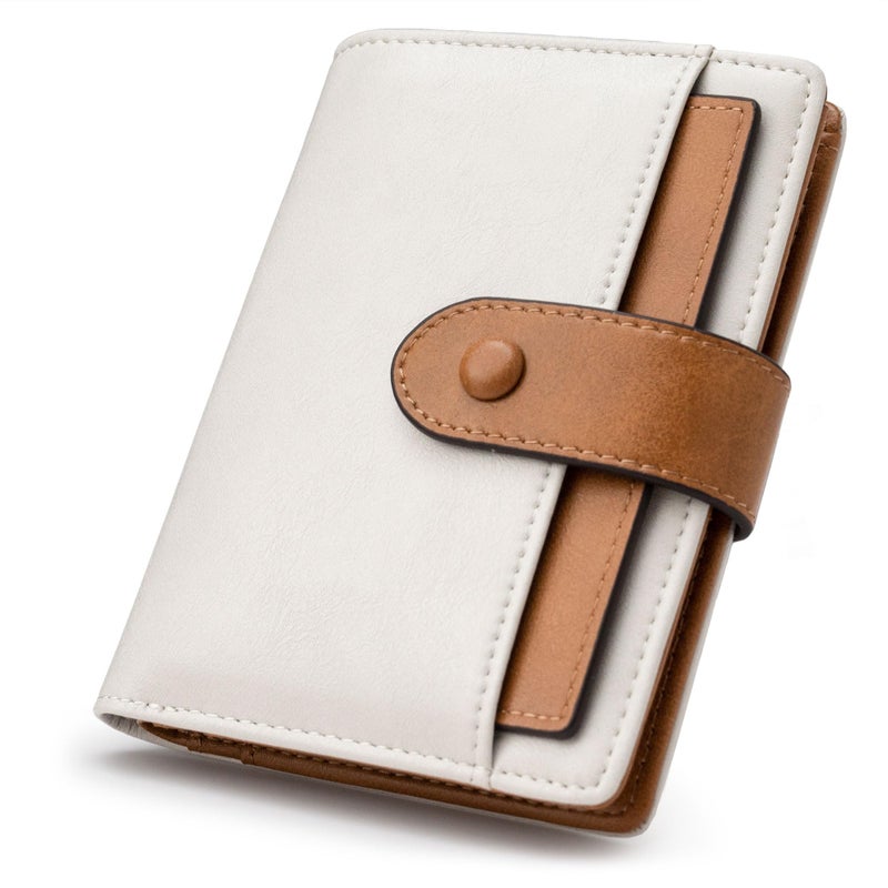Alldaily Small RFID Blocking Leather Wallet for Women, Bifold with 10 Card Slots and Zipper Pocket (White&Brown) - Image 1
