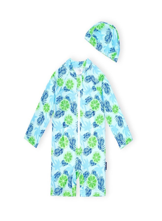 EZ Moms Baby Boy Swimsuit UPF 50+ Long-Sleeve 2-3T Swimsuit Boys One Piece Zipper Toddler Bathing Suit Boys Swim Suit Baby Beach Swimwear Sunsuit Baby Rash Guard with a Swim Cap (Lemon, 2-3T) - Image 1