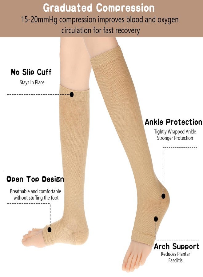 Dimeho Open Toe Compression Socks for Women & Men, 2 Pairs Toeless Compression Socks 15-20 mmHg Knee High Stockings for Circulation Support, Medium, Beige/Black - Image 3