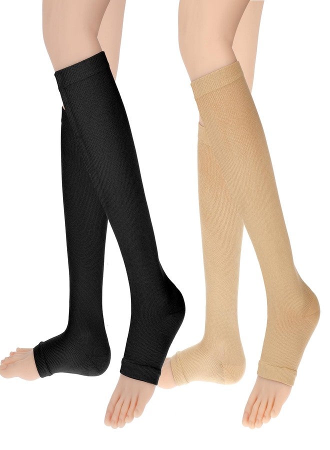 Dimeho Open Toe Compression Socks for Women & Men, 2 Pairs Toeless Compression Socks 15-20 mmHg Knee High Stockings for Circulation Support, Medium, Beige/Black - Image 1