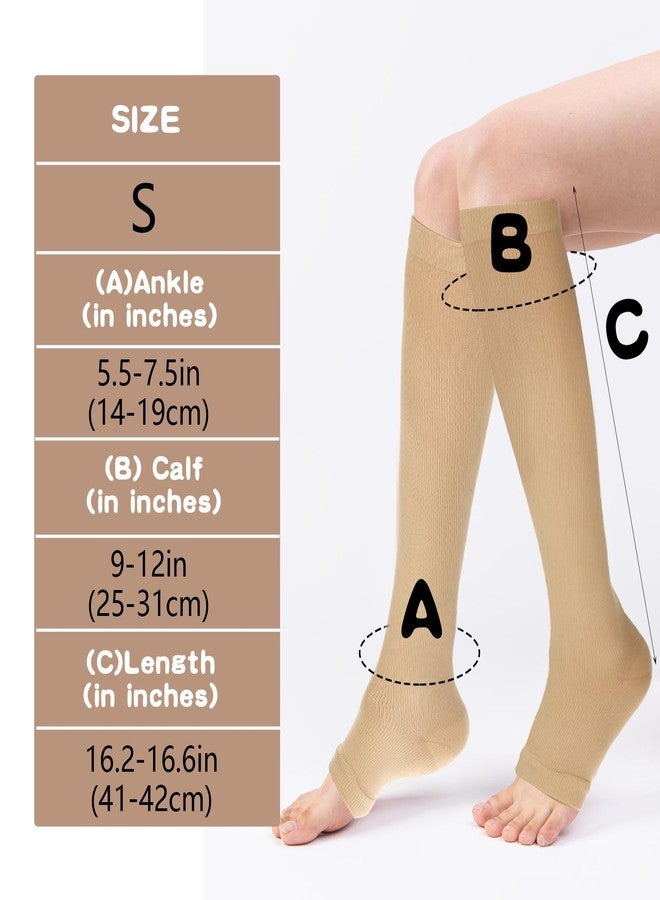Dimeho Open Toe Compression Socks for Women & Men, 2 Pairs Toeless Compression Socks 15-20 mmHg Knee High Stockings for Circulation Support, Medium, Beige/Black - Image 2