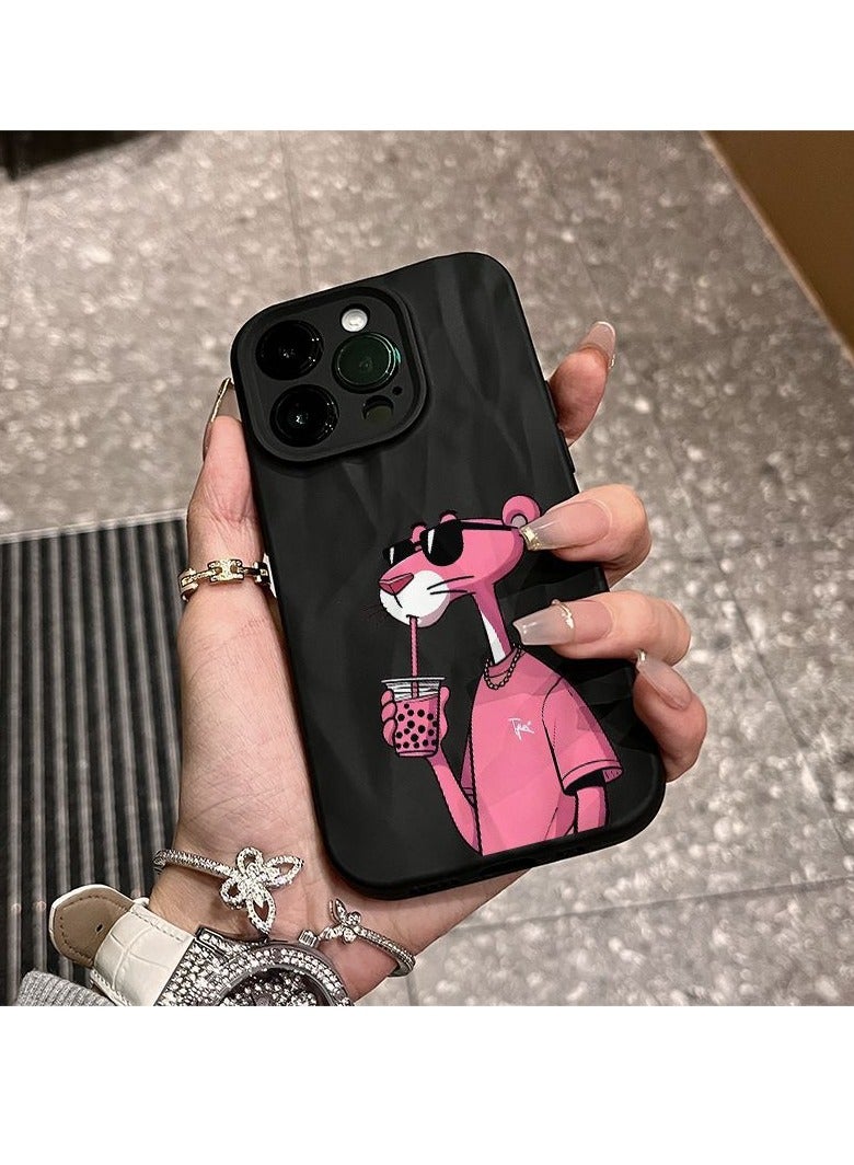 NIBEMINENT Drink Milk Tea Pink Panther Protective TPU Case Cover For IPhone 15 Pro, Black