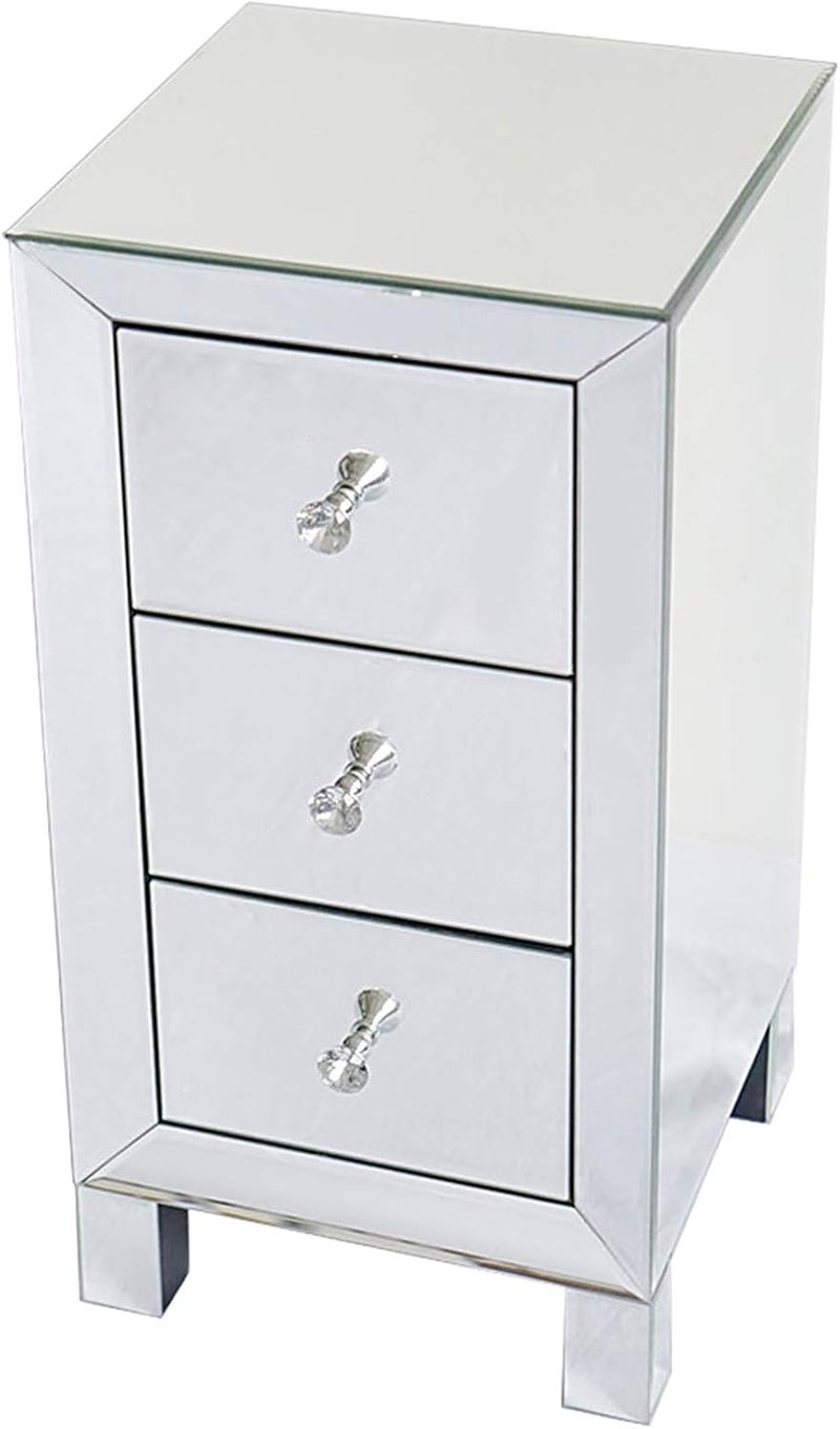 luckyfours Mirror Bedside Table, 3 Drawer Crystal Handles Nightstand Table for Bedroom - Image 1