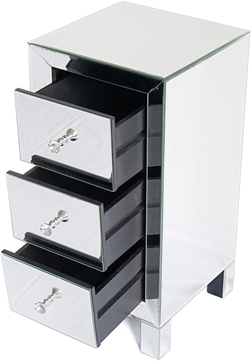 luckyfours Mirror Bedside Table, 3 Drawer Crystal Handles Nightstand Table for Bedroom - Image 4