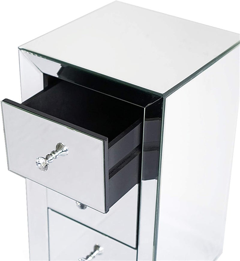 luckyfours Mirror Bedside Table, 3 Drawer Crystal Handles Nightstand Table for Bedroom - Image 5