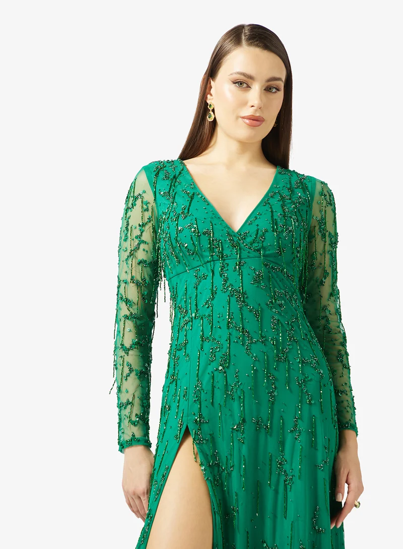 Namshi x  Plunge Neck Bead Embellished Gown for Women | Best Price UAE