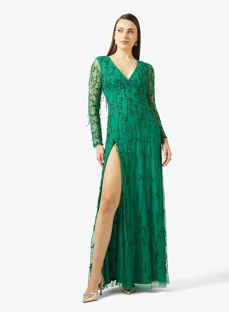 Plunge Neck Bead Embellished Gown