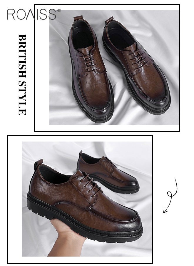roaiss - Formal Business Leather Shoes for Men Round Toe Lace up Front Low Top Anti Slip Wear Resistant Driving Shoes Mens British Retro High Fashion Textures Soft Sole Comfort Work Shoes - Image 1
