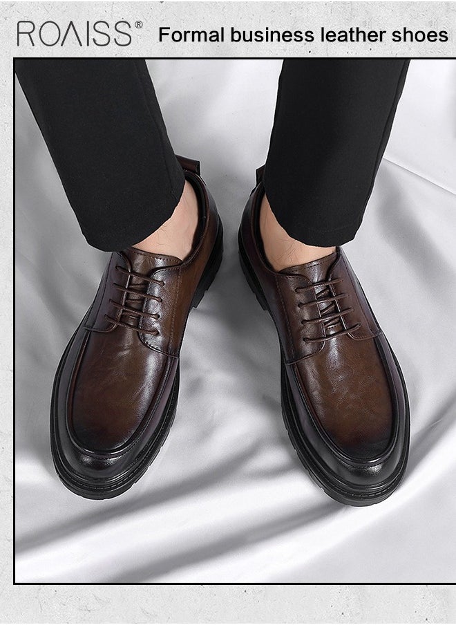 roaiss - Formal Business Leather Shoes for Men Round Toe Lace up Front Low Top Anti Slip Wear Resistant Driving Shoes Mens British Retro High Fashion Textures Soft Sole Comfort Work Shoes - Image 1