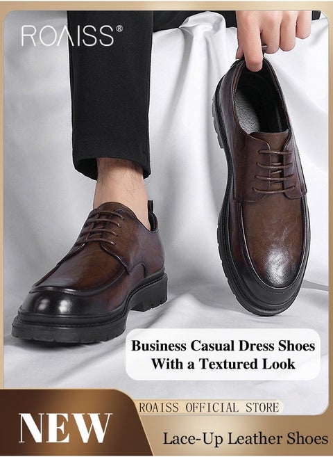 Formal Business Leather Shoes for Men Round Toe Lace up Front Low Top Anti Slip Wear Resistant Driving Shoes Lightweight Retro High Fashion Textures Soft Sole Comfort Work Shoes Brown