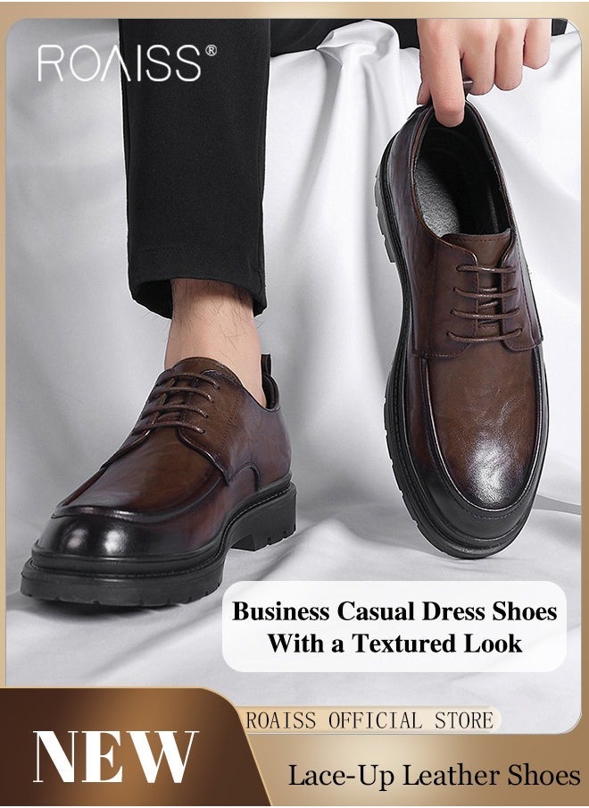 roaiss - Formal Business Leather Shoes for Men Round Toe Lace up Front Low Top Anti Slip Wear Resistant Driving Shoes Mens British Retro High Fashion Textures Soft Sole Comfort Work Shoes - Image 1