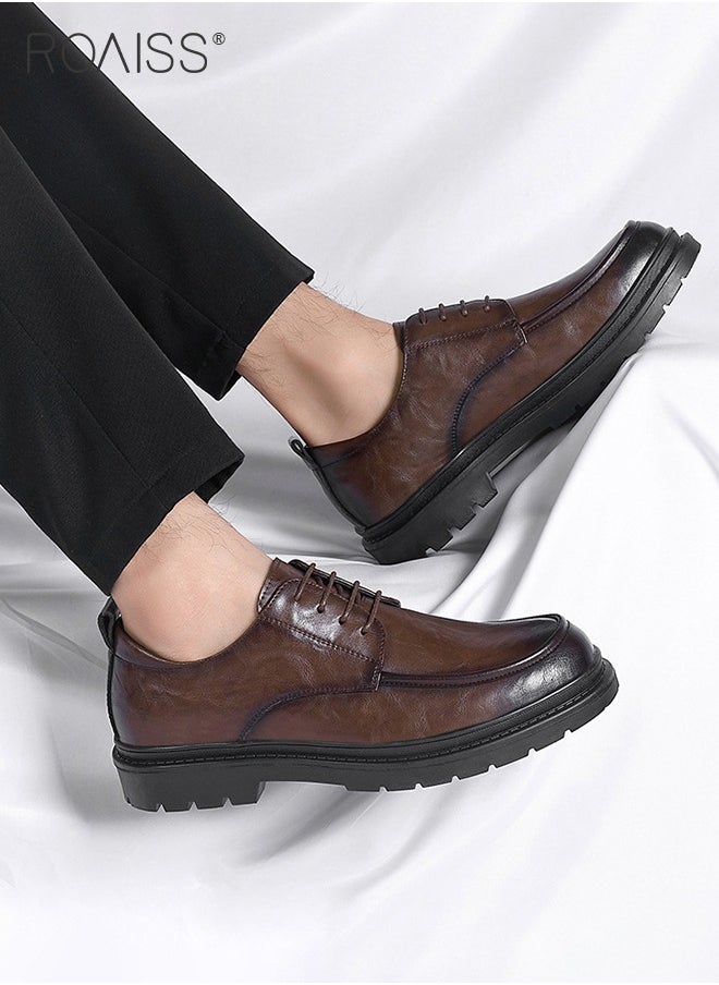 roaiss - Formal Business Leather Shoes for Men Round Toe Lace up Front Low Top Anti Slip Wear Resistant Driving Shoes Mens British Retro High Fashion Textures Soft Sole Comfort Work Shoes - Image 1