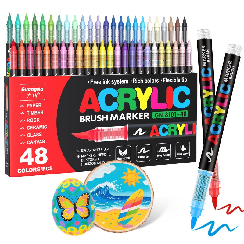 Guangna Acrylic Paint Markers Brush Tip 48 Vivid Colors with DirectLiquid Ink System ProfessionalGrade Paint Pen for Rock Painting Canvas Glass Plastic Fabric Creative Crafts - Image 2