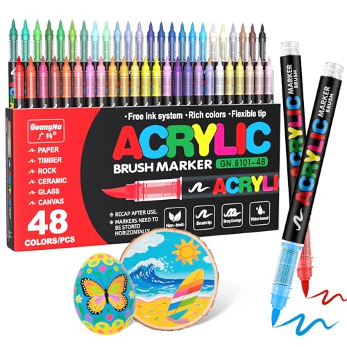 Guangna Acrylic Paint Markers Brush Tip 48 Vivid Colors with DirectLiquid Ink System ProfessionalGrade Paint Pen for Rock Painting Canvas Glass Plastic Fabric Creative Crafts - Image 1