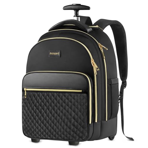 Arcoyard Rolling Backpack for Women, 15 inch Lightweight Wheeled Roller Laptop Backpack for Adults, Water Resistant Underseat Carry On Luggage Bag, TSA Friendly Anti Theft Business Gear, Black Gold - Image 1
