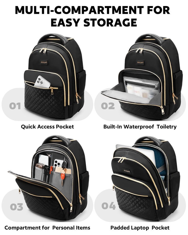 Arcoyard Rolling Backpack for Women, 15 inch Lightweight Wheeled Roller Laptop Backpack for Adults, Water Resistant Underseat Carry On Luggage Bag, TSA Friendly Anti Theft Business Gear, Black Gold - Image 3