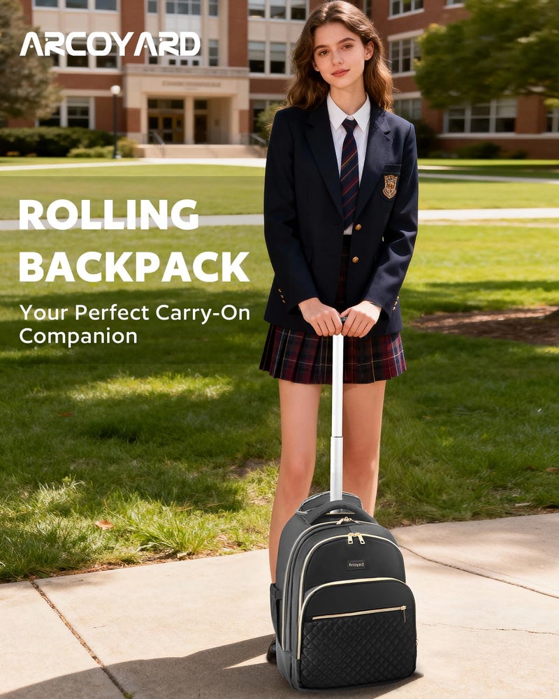 Arcoyard Rolling Backpack for Women, 15 inch Lightweight Wheeled Roller Laptop Backpack for Adults, Water Resistant Underseat Carry On Luggage Bag, TSA Friendly Anti Theft Business Gear, Black Gold - Image 2