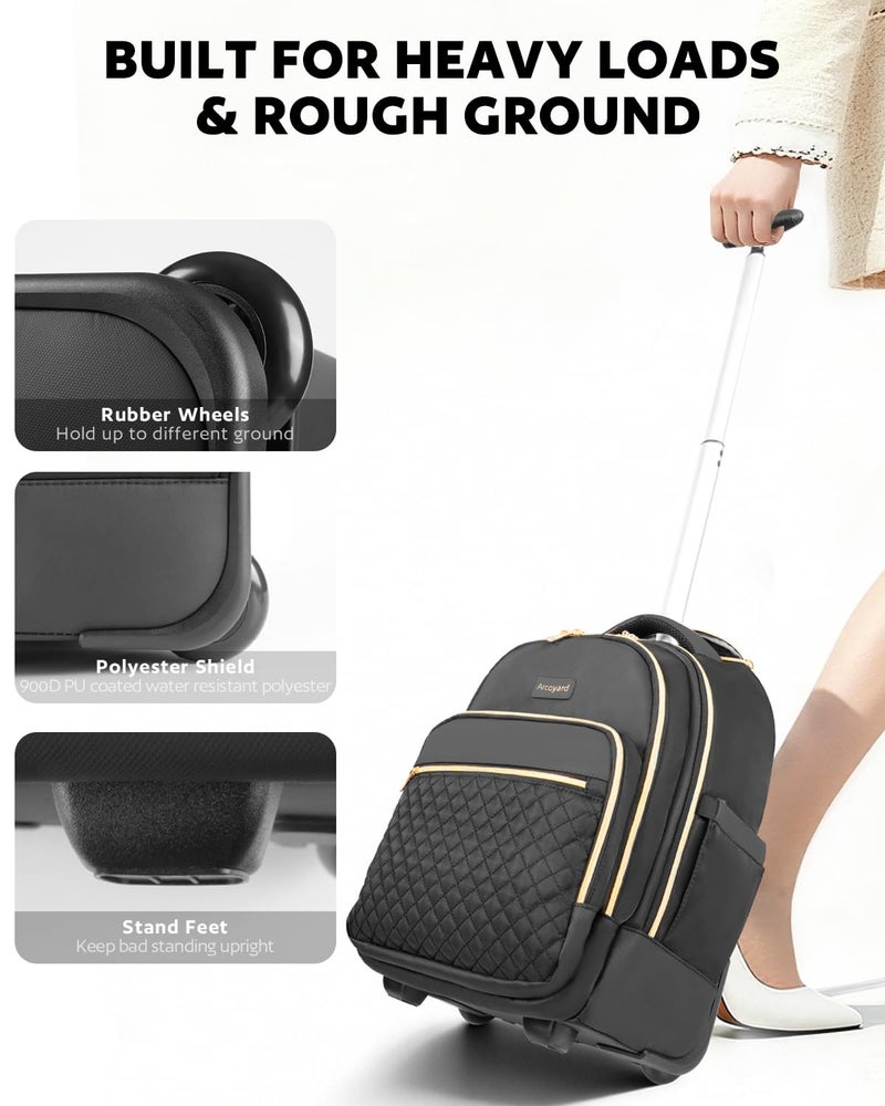 Arcoyard Rolling Backpack for Women, 15 inch Lightweight Wheeled Roller Laptop Backpack for Adults, Water Resistant Underseat Carry On Luggage Bag, TSA Friendly Anti Theft Business Gear, Black Gold - Image 5
